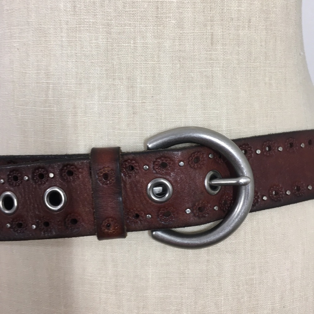 Vintage Brown Leather Belt Silver Buckle Fossil